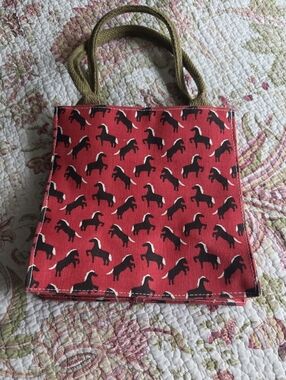 Rock Paper Flower Canvas Red Tote Bag with Black Horse Print